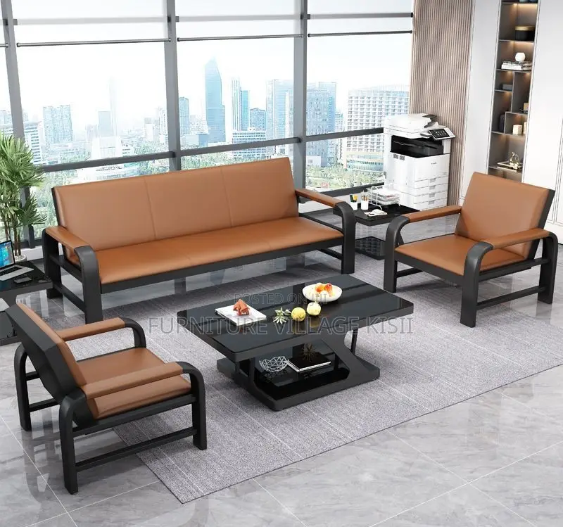 Office Sofa: 5-Seater Black Leather Set