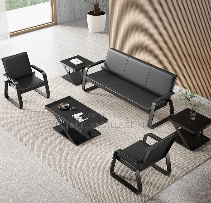 Office Sofa: 5-Seater Black Leather Set