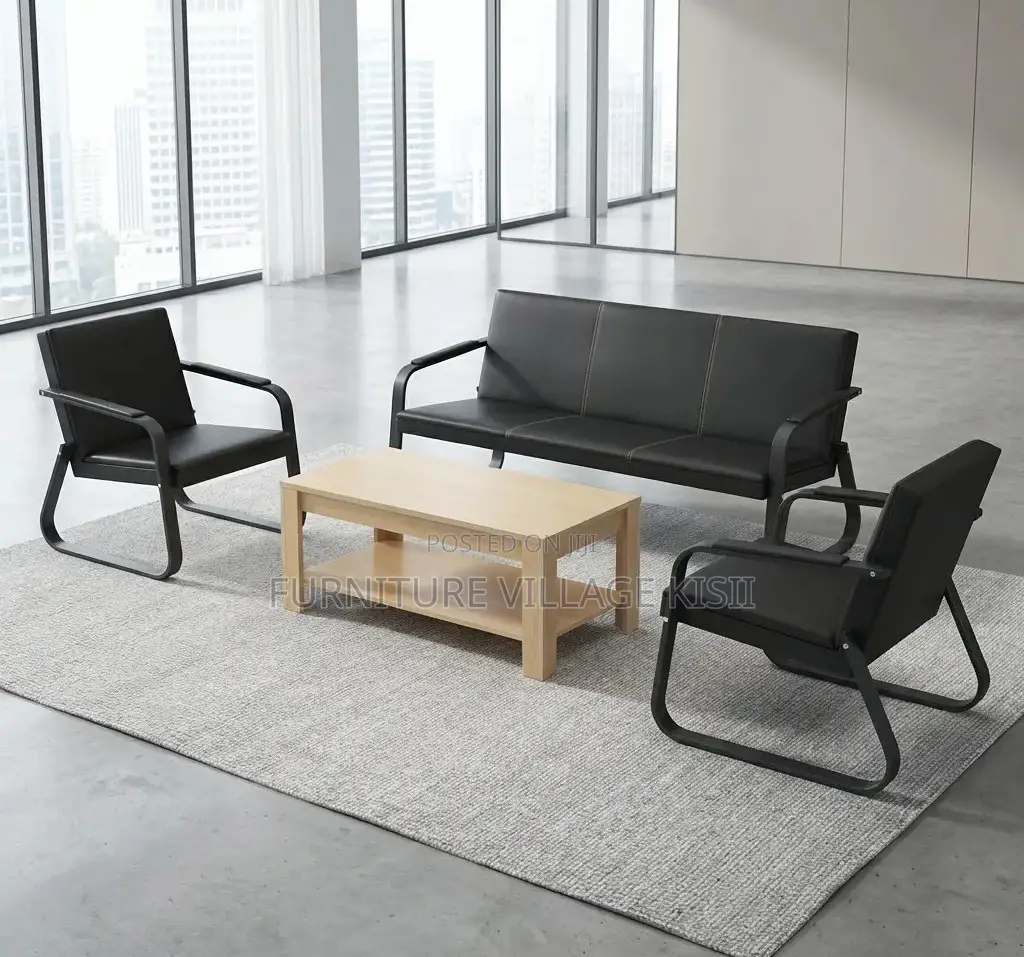 Office Sofa: 5-Seater Black Leather Set