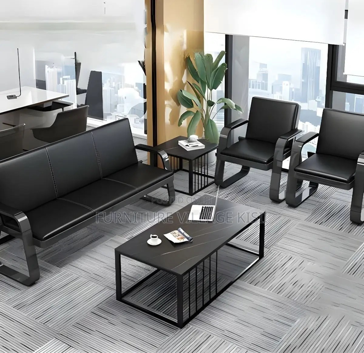 Office Sofa: 5-Seater Black Leather Set