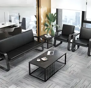 Office Sofa: 5-Seater Black Leather Set