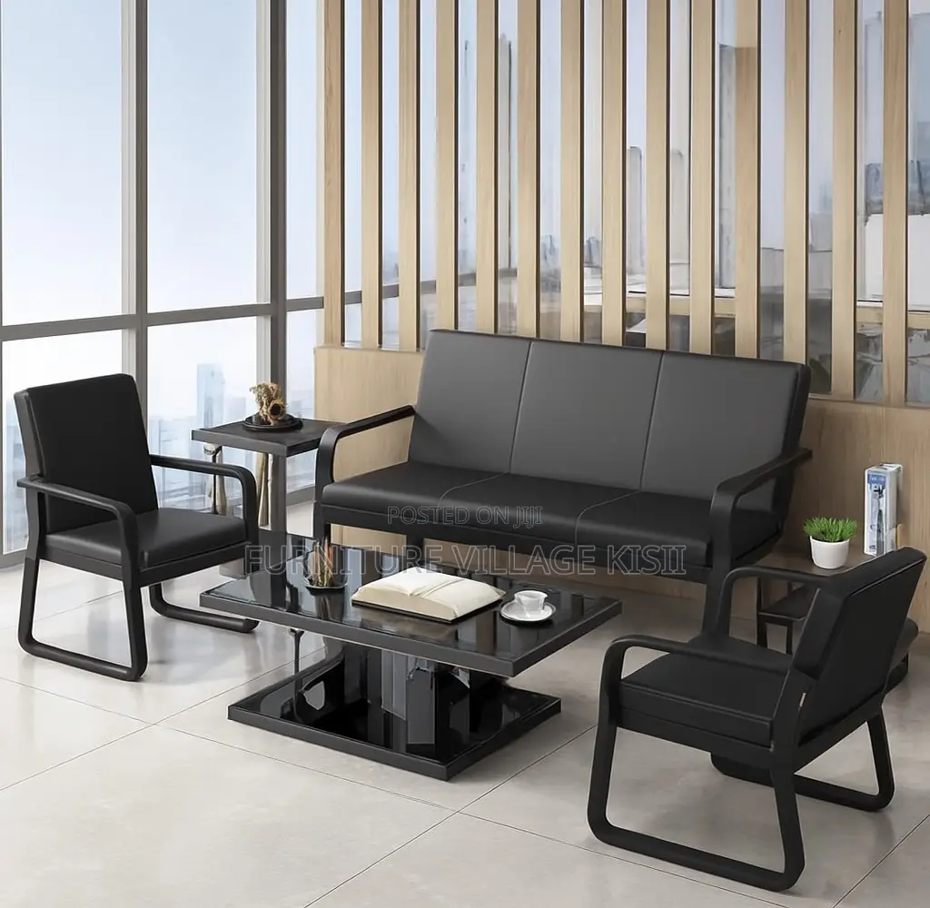Office Sofa: 5-Seater Black Leather Set