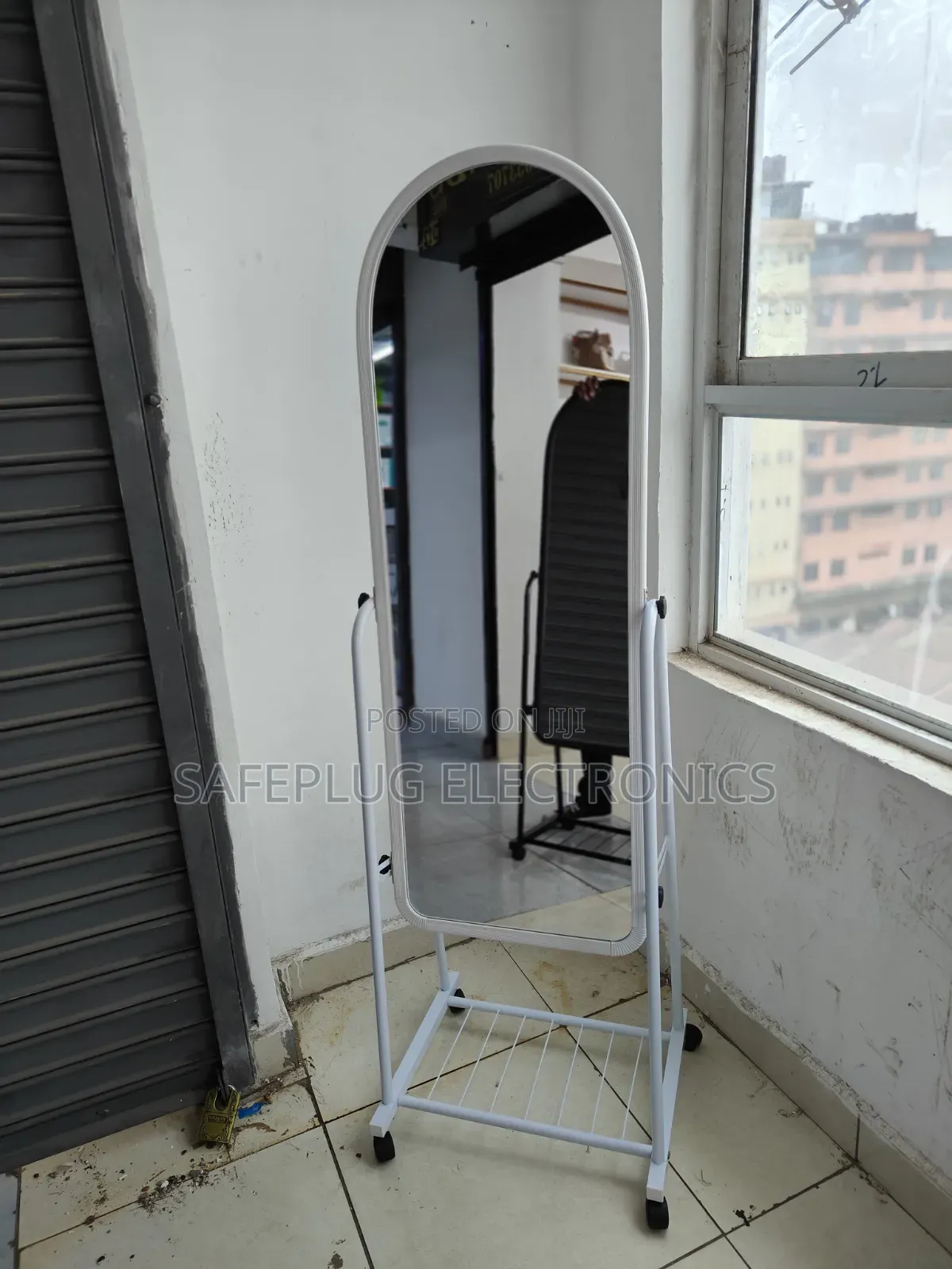 Full Length Dressing Mirror With Wheels Shoe Rack – White