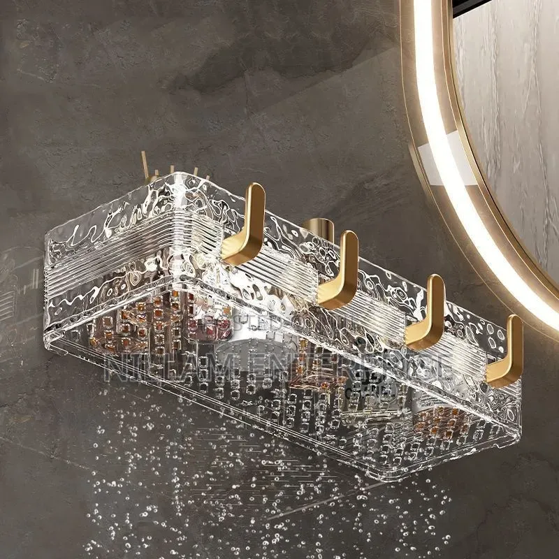Acrylic Wave Patterned Storage Shelf With Gold Colored Hooks*