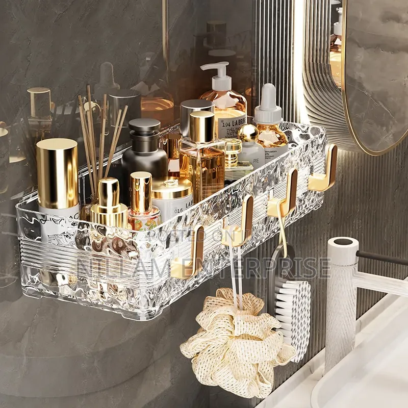 Acrylic Wave Patterned Storage Shelf With Gold Colored Hooks*