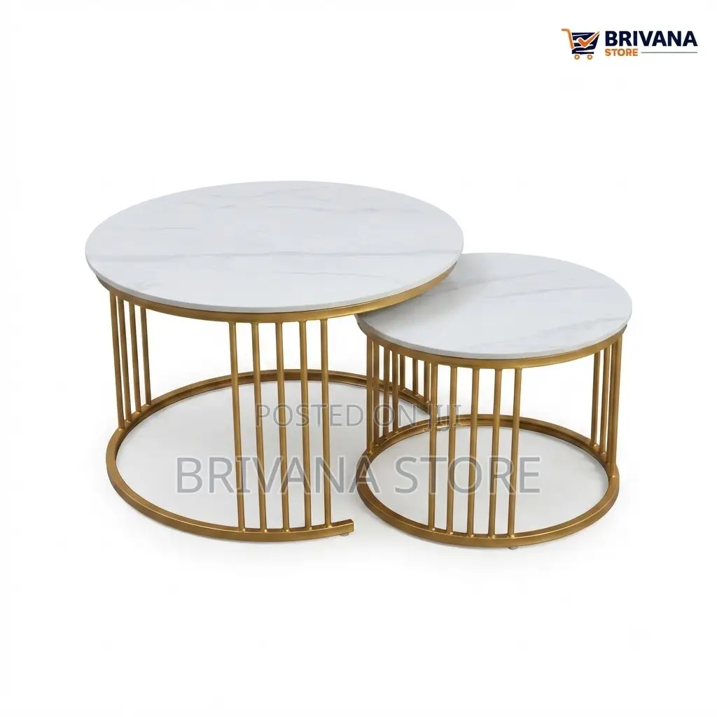 2-Piece Round Nesting Coffee Tables White Marble Gold Modern