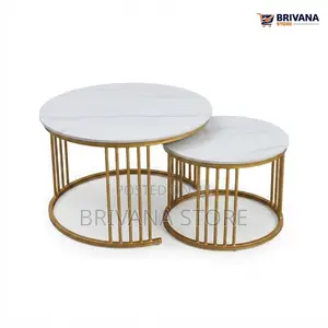 2-Piece Round Nesting Coffee Tables White Marble Gold Modern