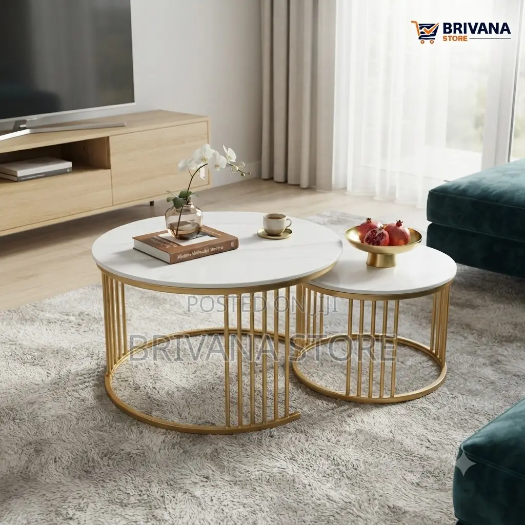 2-Piece Round Nesting Coffee Tables White Marble Gold Modern