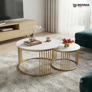 2-Piece Round Nesting Coffee Tables White Marble Gold Modern
