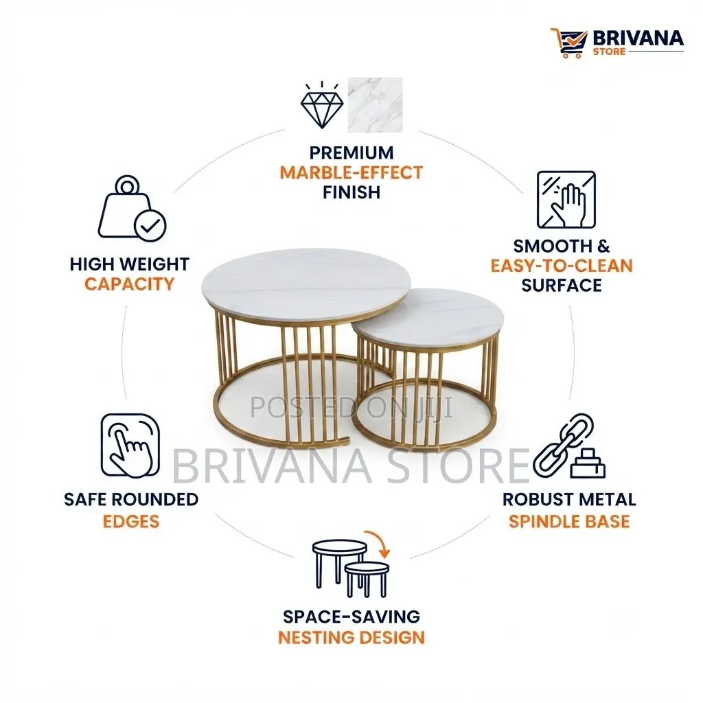 2-Piece Round Nesting Coffee Tables White Marble Gold Modern