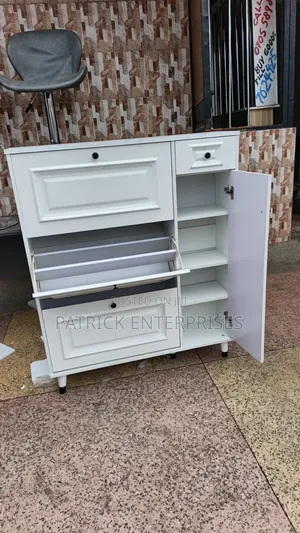 Modern White Bucket Flip Shoe Rack With a Shelving Unit and Top Drawer