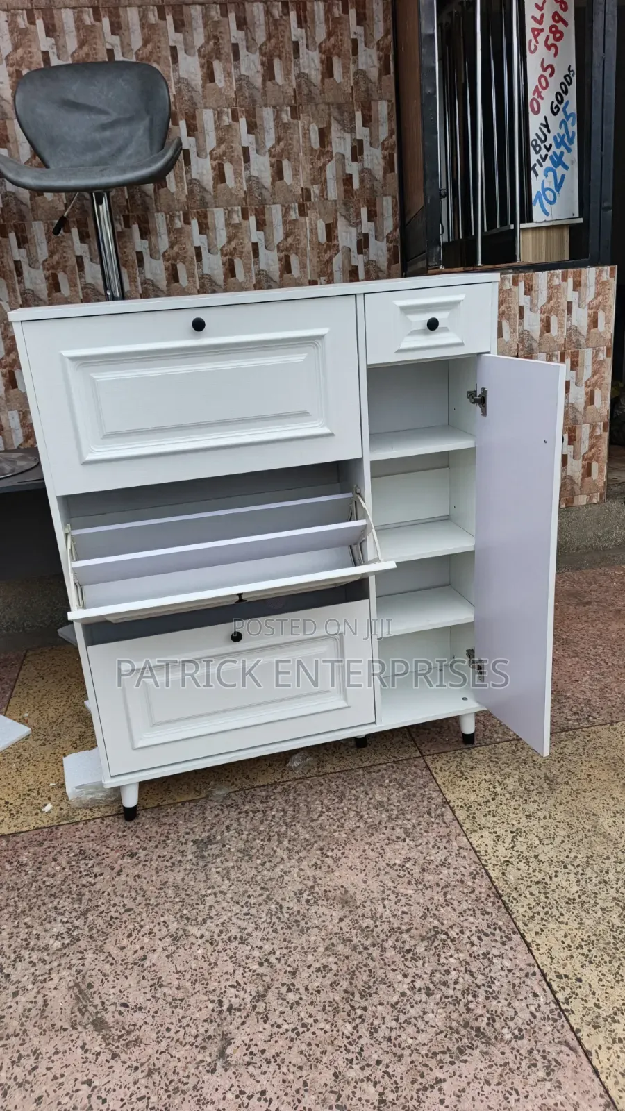 Modern White Bucket Flip Shoe Rack With a Shelving Unit and Top Drawer