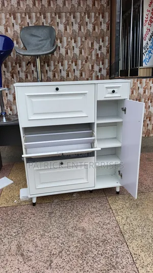 Modern White Bucket Flip Shoe Rack With a Shelving Unit and Top Drawer