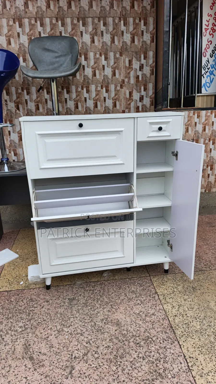 Modern White Bucket Flip Shoe Rack With a Shelving Unit and Top Drawer