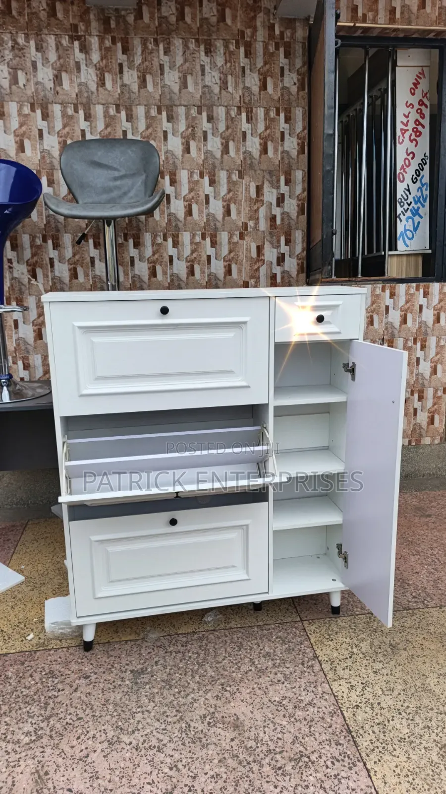 Modern White Bucket Flip Shoe Rack With a Shelving Unit and Top Drawer