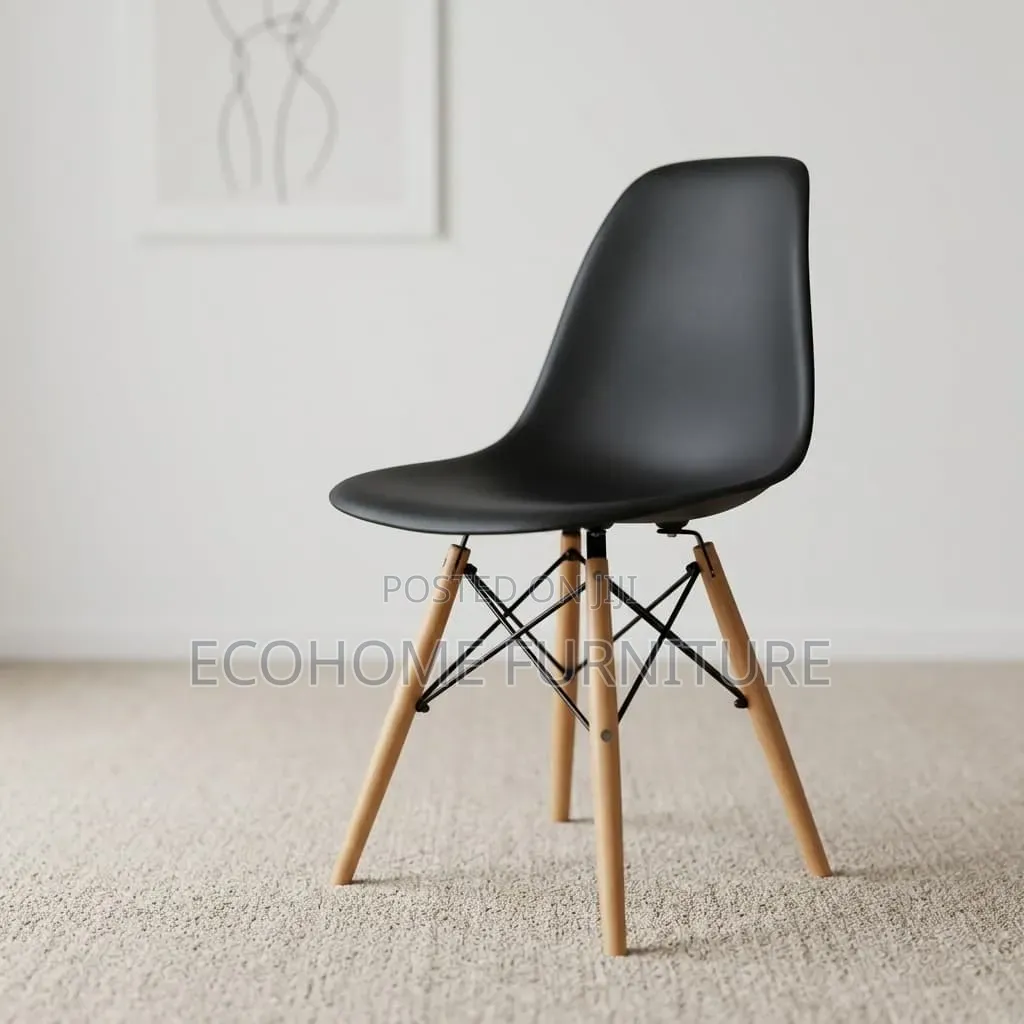 Dining Chair – Black Modern Plastic Chair With Wooden Legs