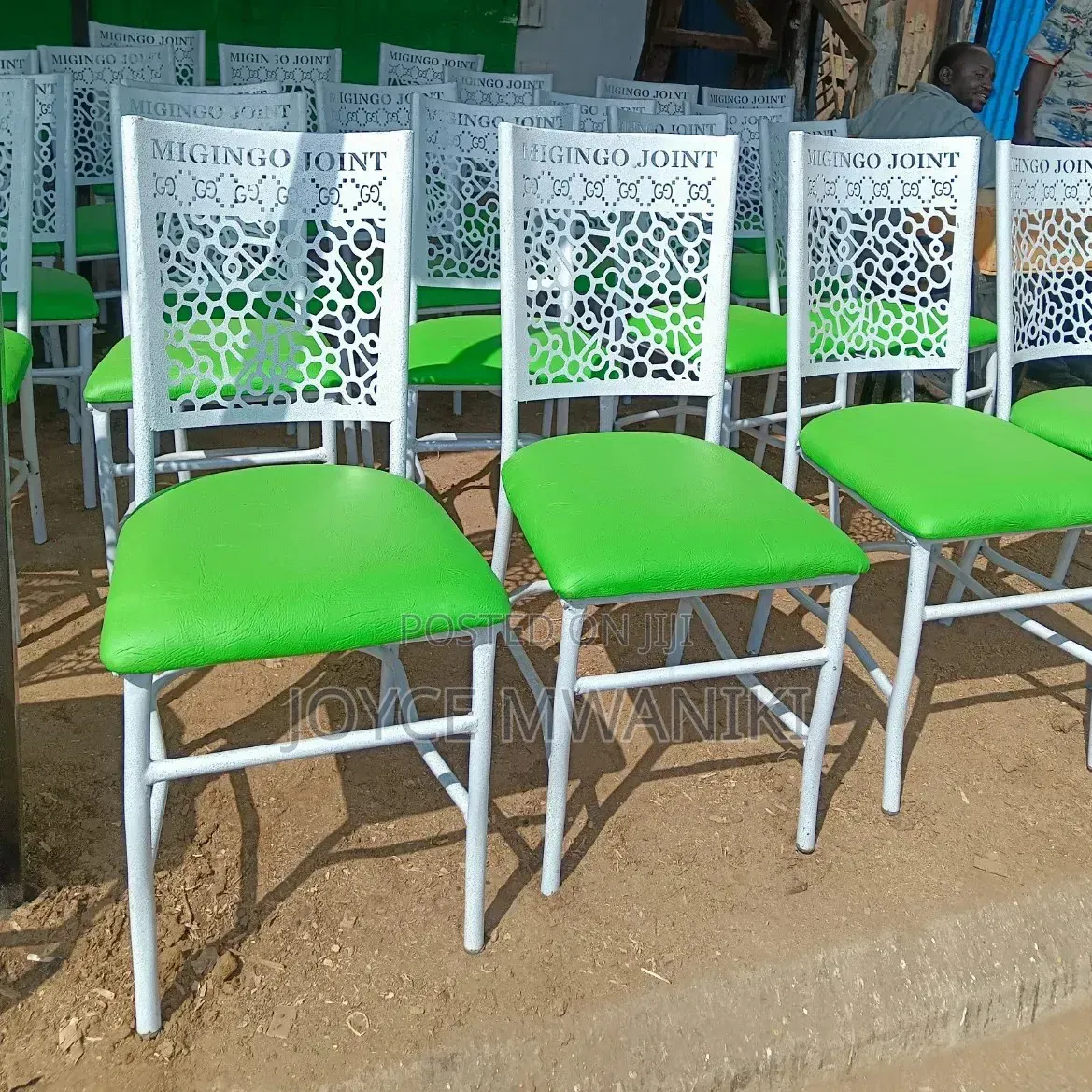 White Frame Powder Coated Restaurant Chairs With Green Padded Seat 