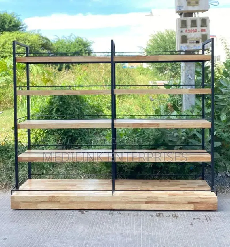 Powder Coated Metallic Wooden Shelves Unit