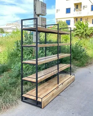 Powder Coated Metallic Wooden Shelves Unit