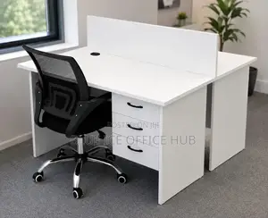 Modern White Office Workstation Desk With Drawers Privacy Panel