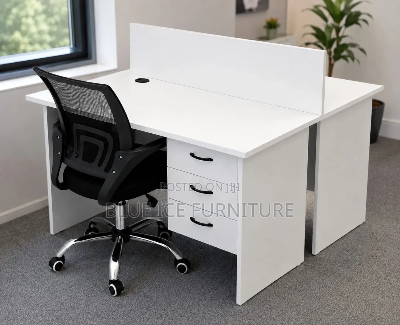 Modern White Office Workstation Desk With Drawers Privacy Panel