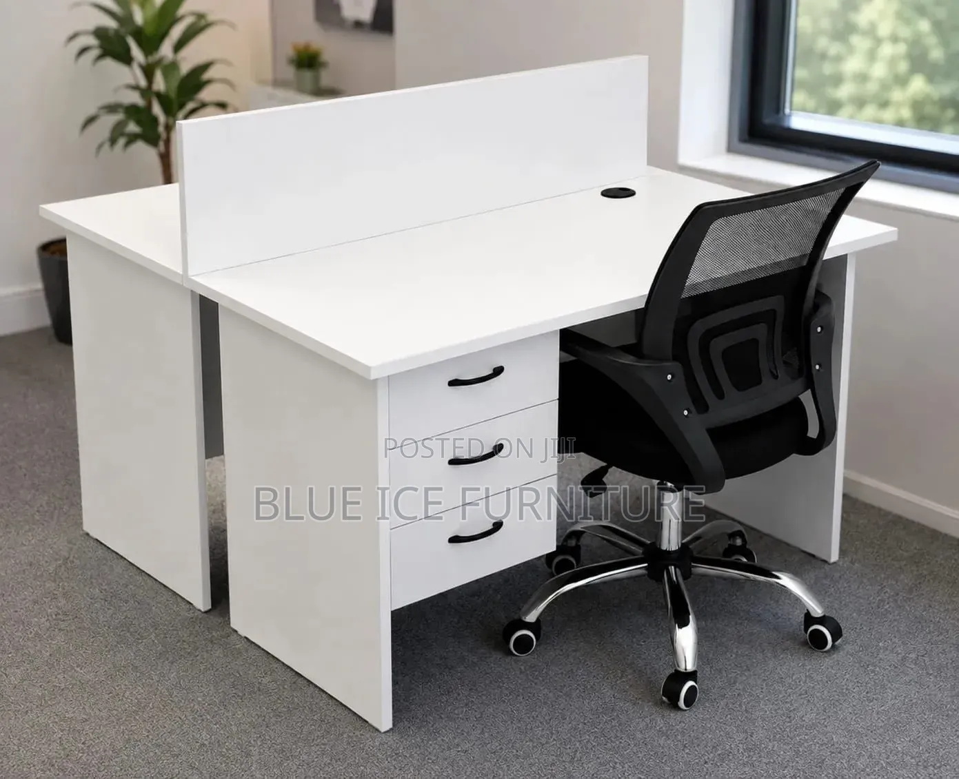 Modern White Office Workstation Desk With Drawers Privacy Panel