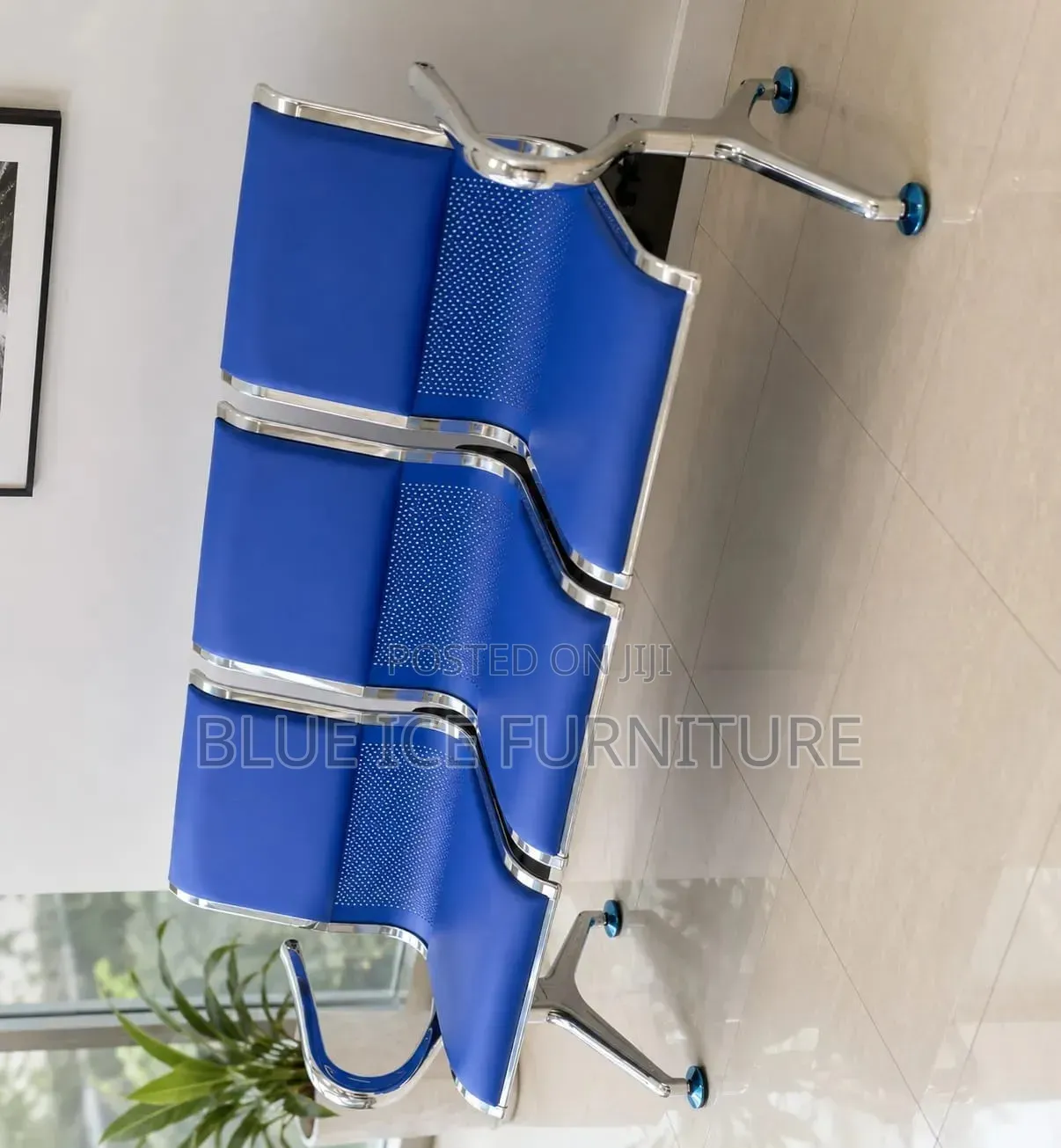 Modern 3-Seater Waiting Chair – Blue Leather Chrome Frame
