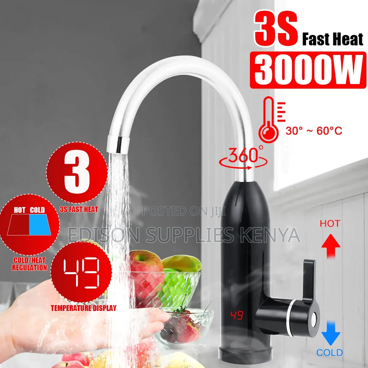 BLACK Digital Instant Heater Tap Pillar Hot Water for Kitchen Salon