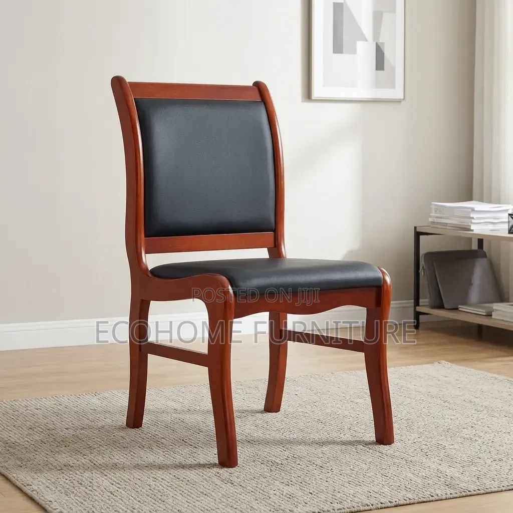 Visitor Chair – Wooden Frame With Black Leather Seat