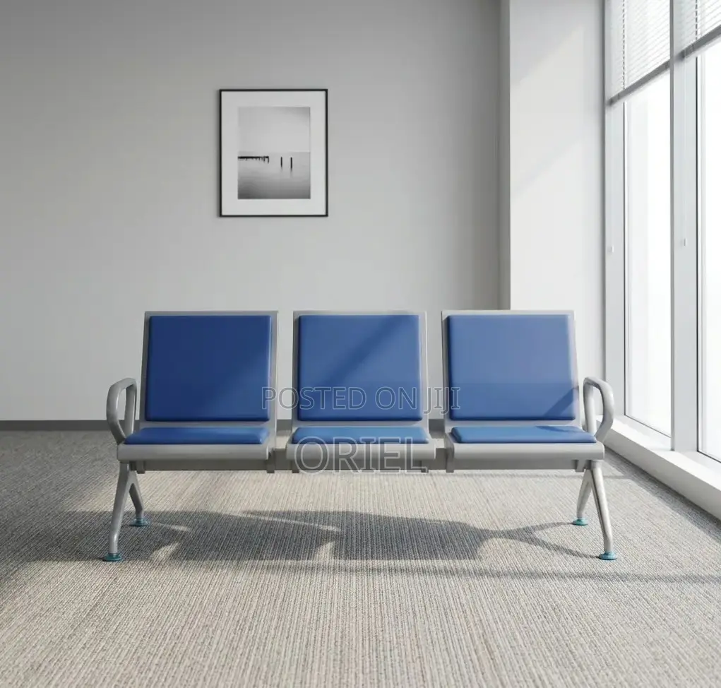 Office Bench : Blue Leather Padded 3-Seater Waiting Bench