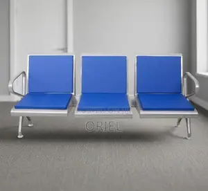Office Bench : Blue Leather Padded 3-Seater Waiting Bench
