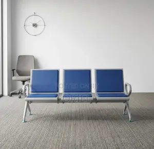 Office Bench : Blue Leather Padded 3-Seater Waiting Bench