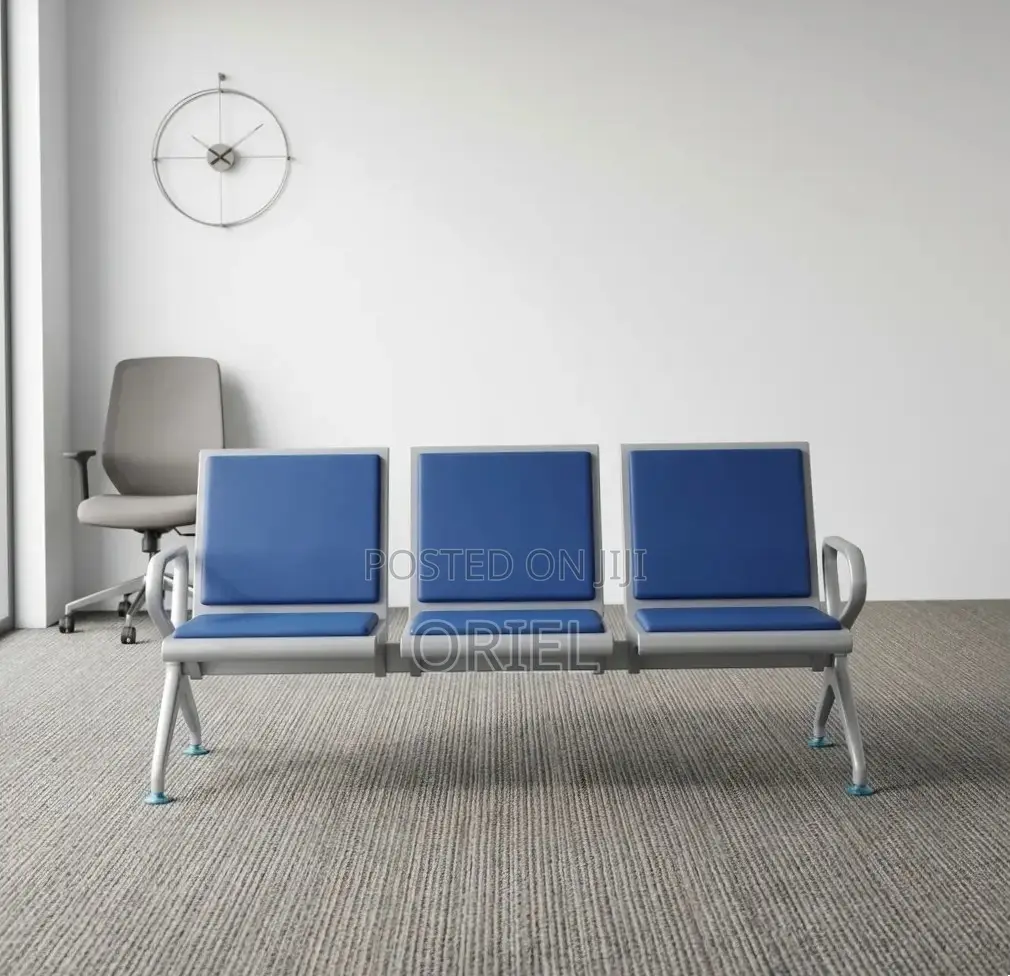 Office Bench : Blue Leather Padded 3-Seater Waiting Bench