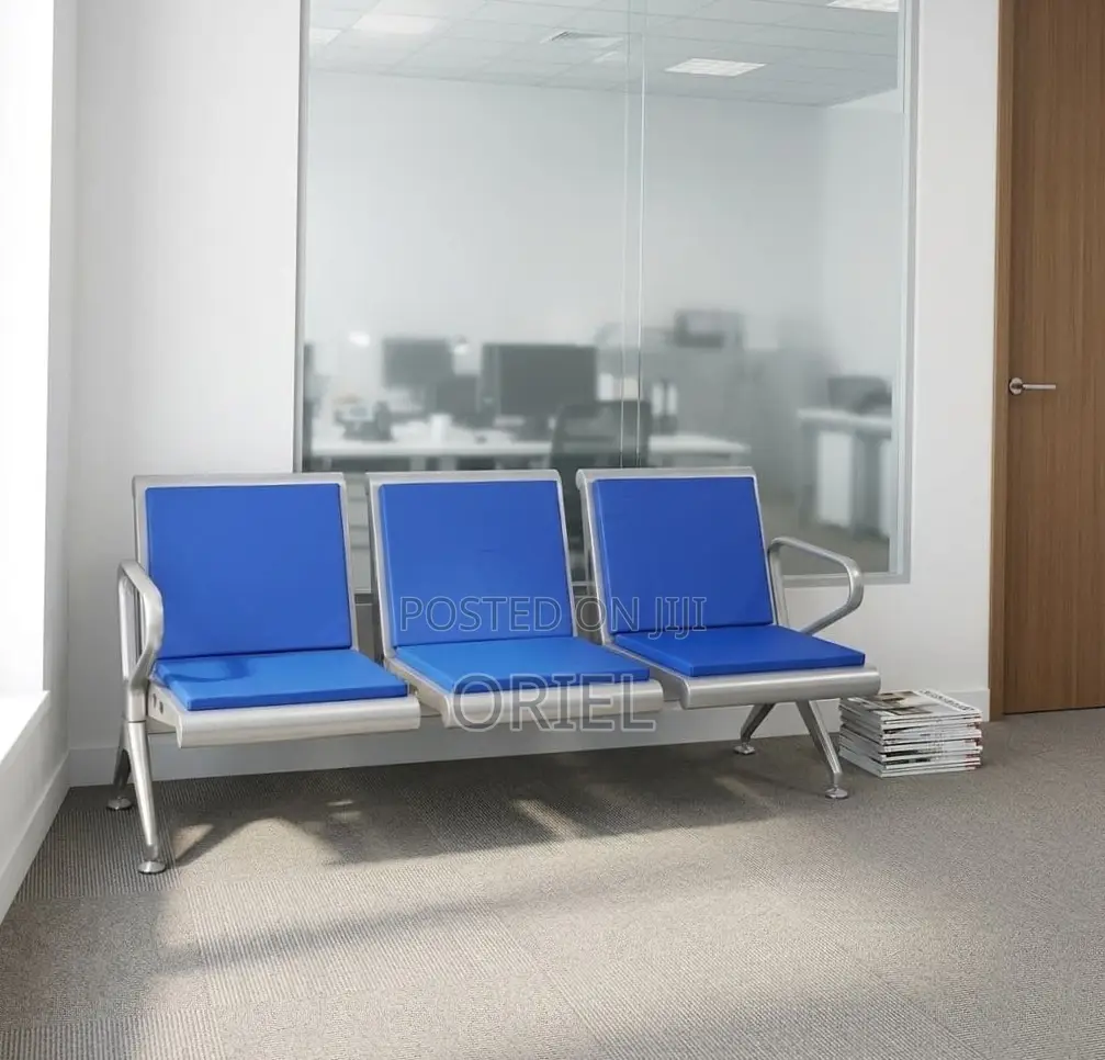 Office Bench : Blue Leather Padded 3-Seater Waiting Bench