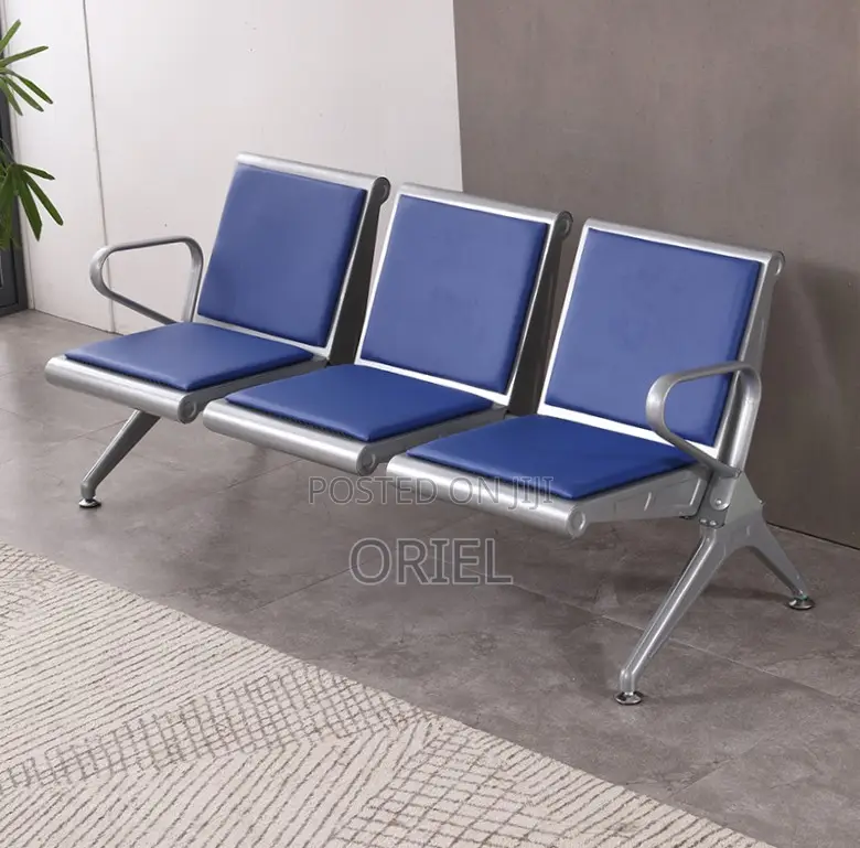 Office Bench : Blue Leather Padded 3-Seater Waiting Bench