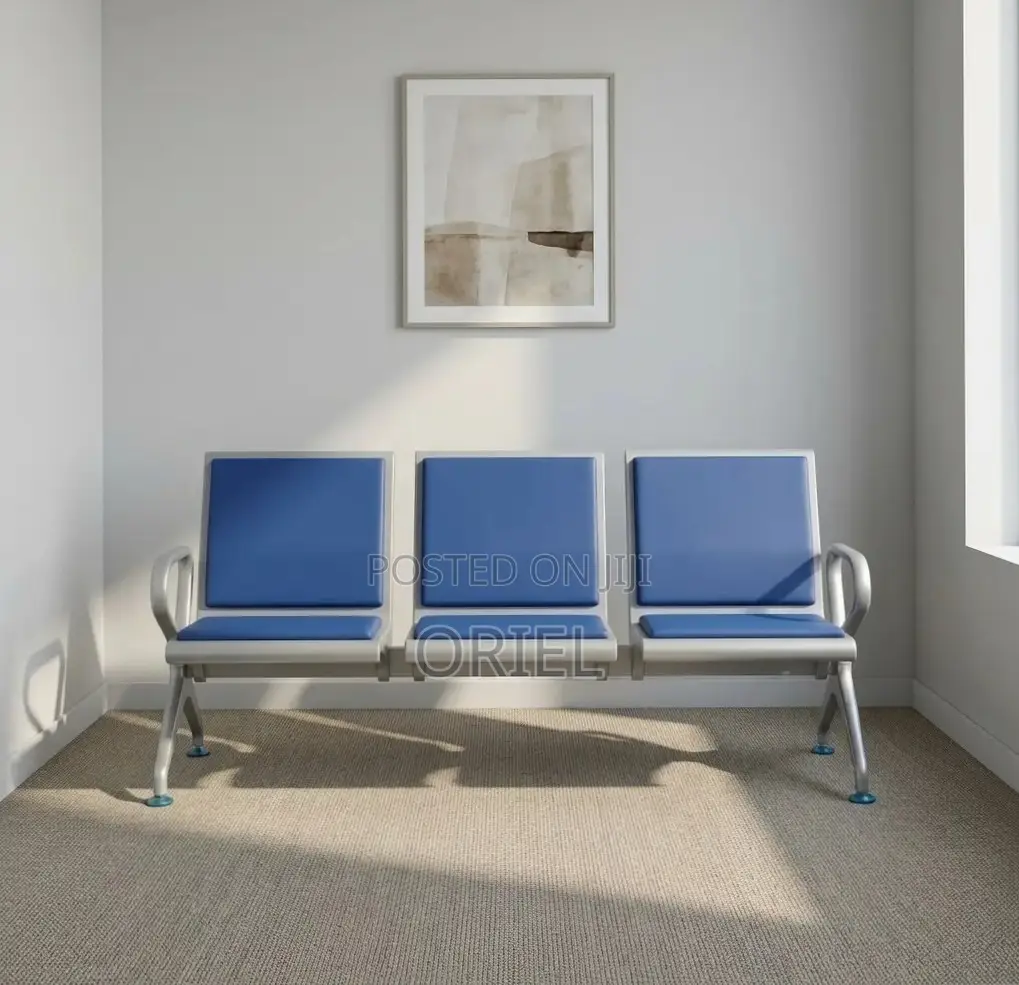 Office Bench : Blue Leather Padded 3-Seater Waiting Bench