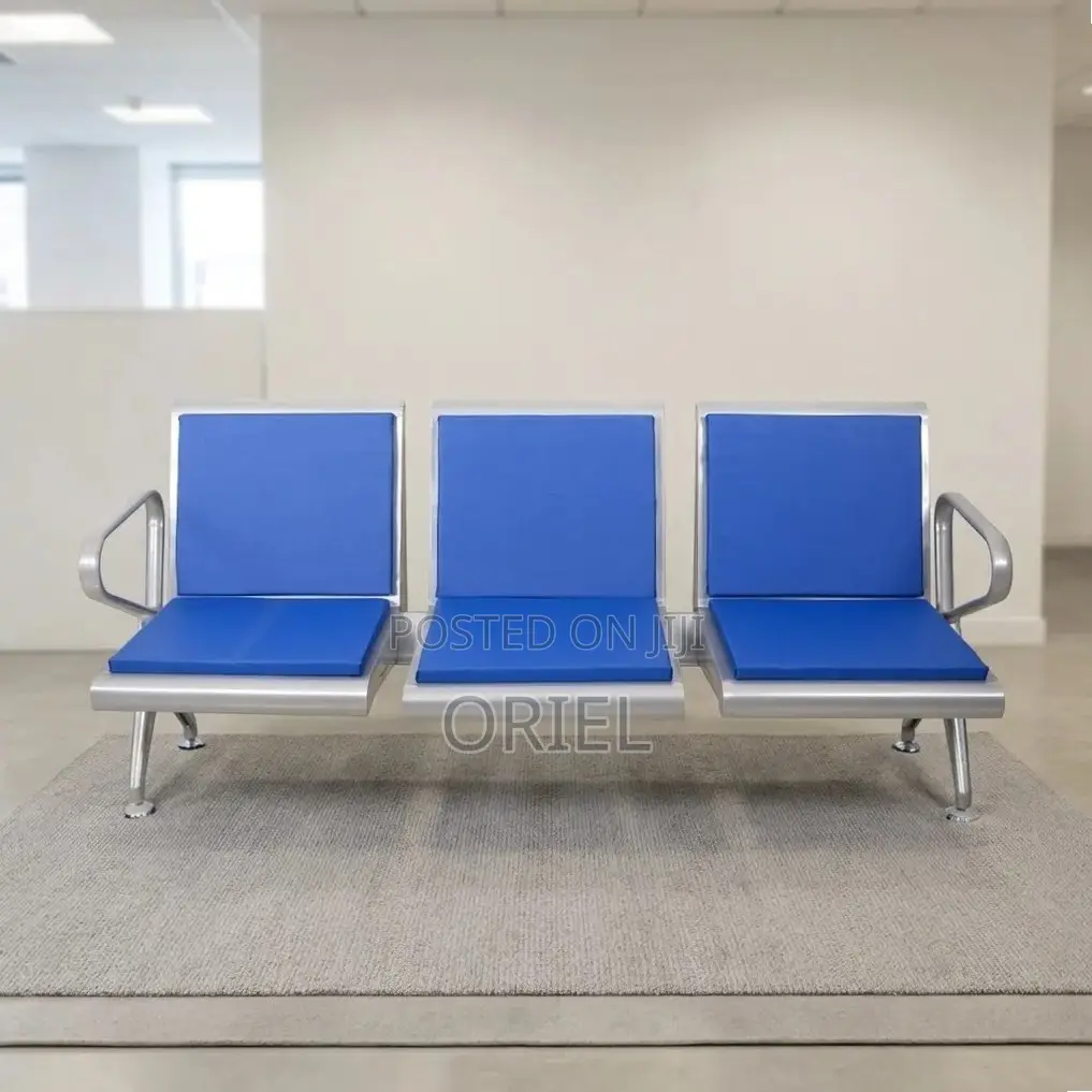 Office Bench : Blue Leather Padded 3-Seater Waiting Bench