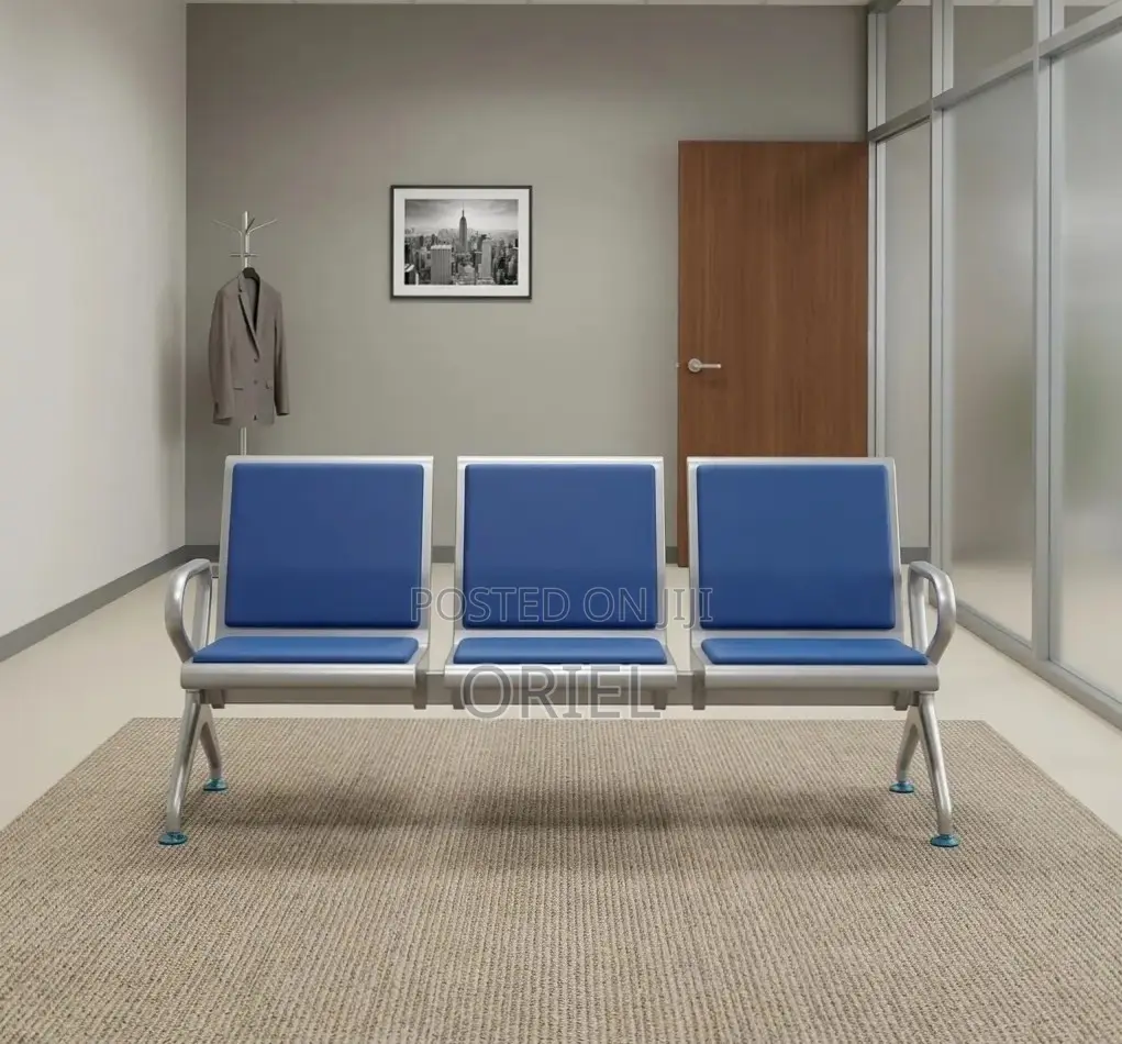 Office Bench : Blue Leather Padded 3-Seater Waiting Bench
