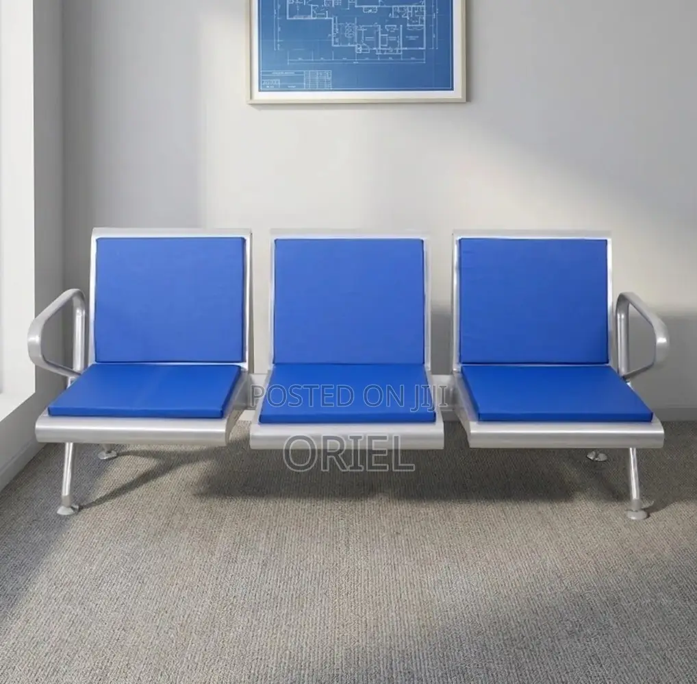 Office Bench : Blue Leather Padded 3-Seater Waiting Bench