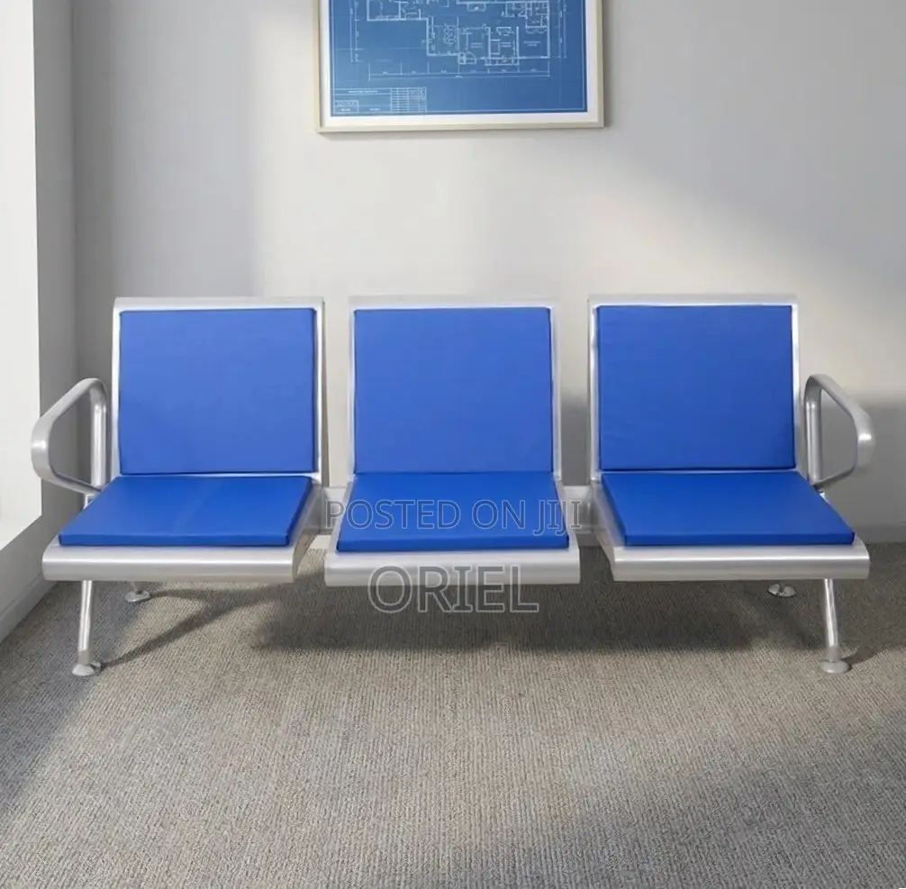Office Bench : Blue Leather Padded 3-Seater Waiting Bench