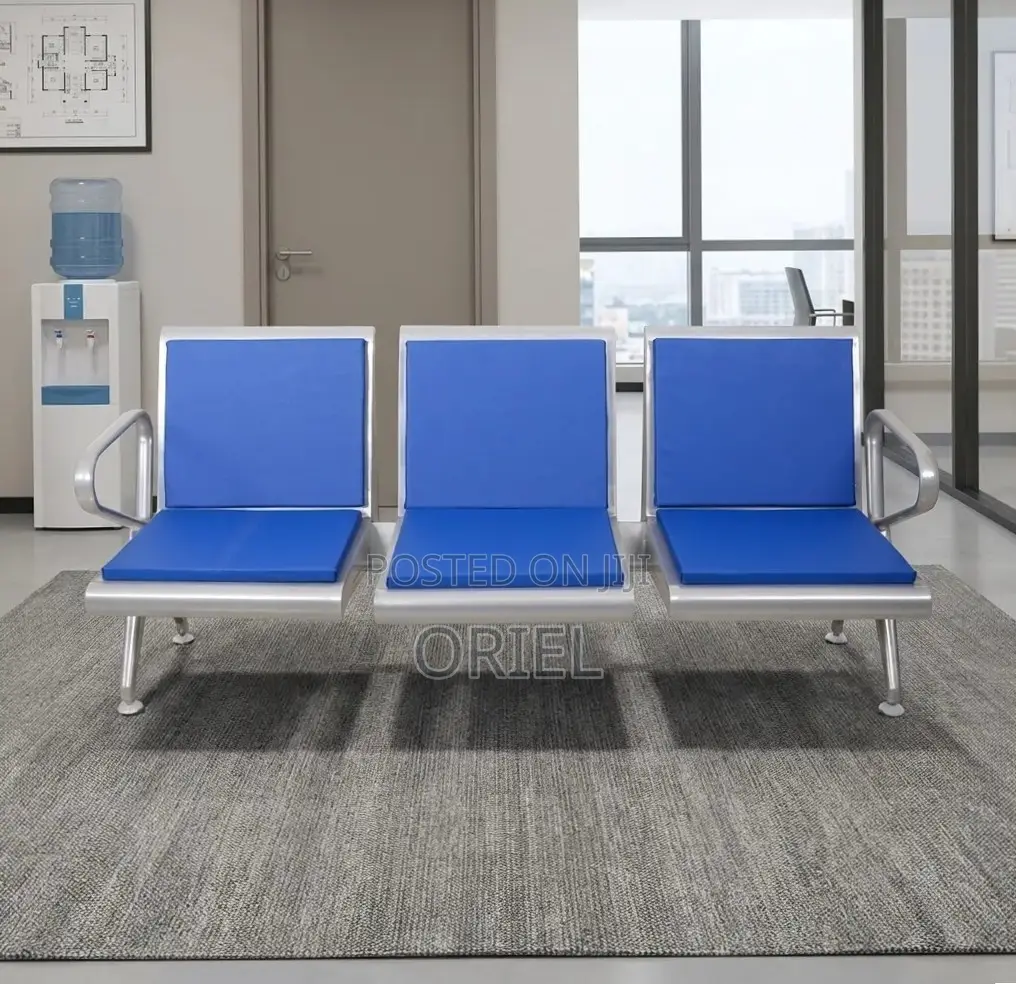 Office Bench : Blue Leather Padded 3-Seater Waiting Bench