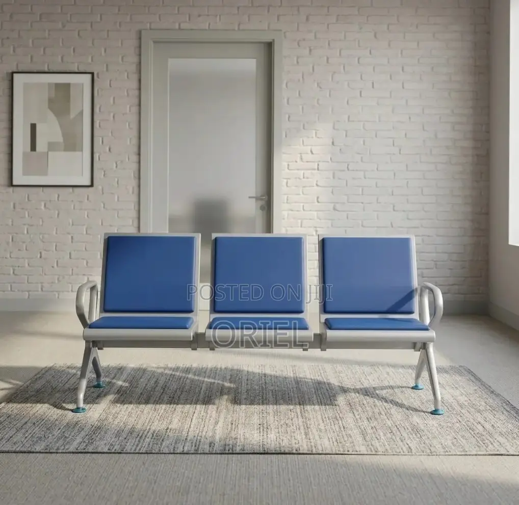 Office Bench : Blue Leather Padded 3-Seater Waiting Bench