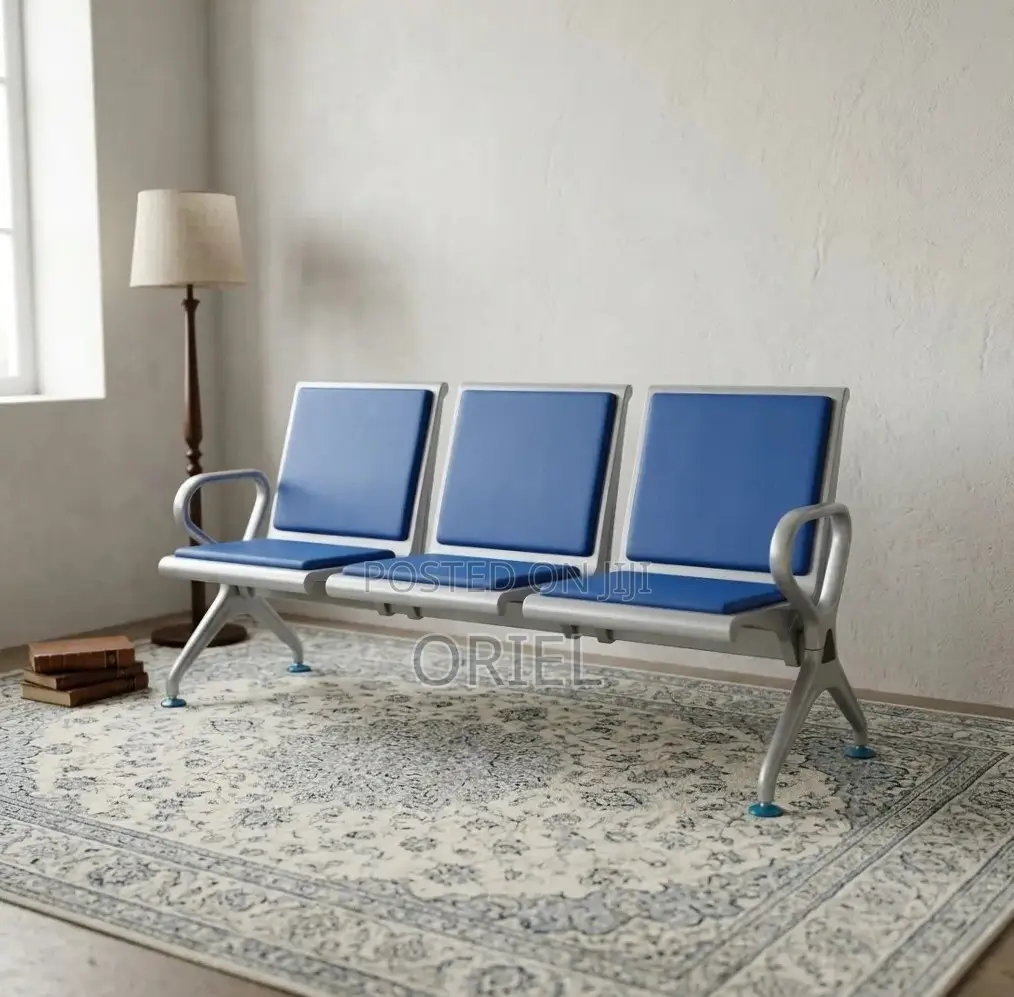 Office Bench : Blue Leather Padded 3-Seater Waiting Bench