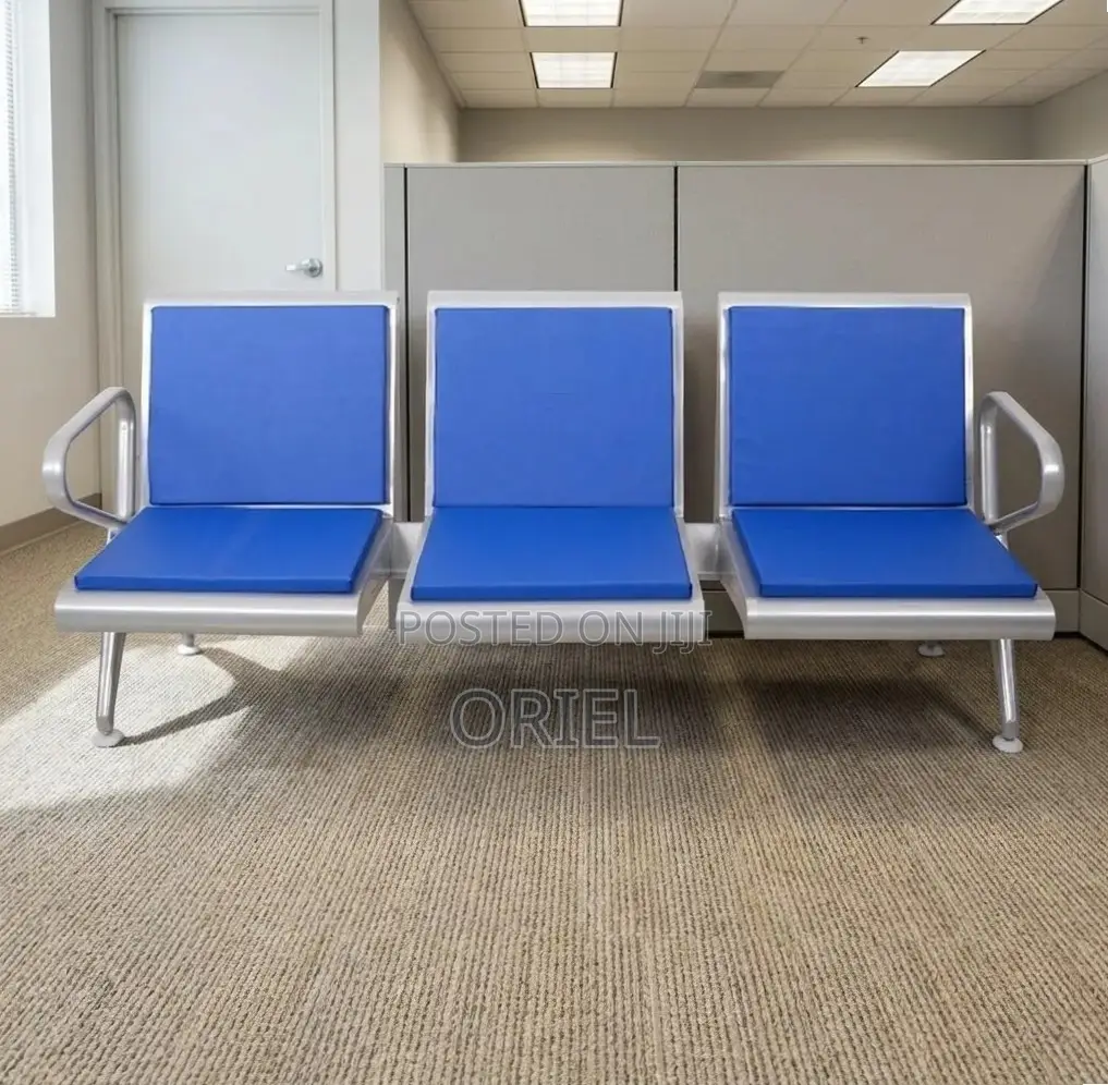 Office Bench : Blue Leather Padded 3-Seater Waiting Bench