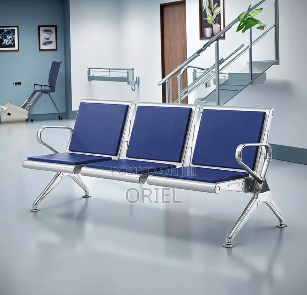 Office Bench : Blue Leather Padded 3-Seater Waiting Bench