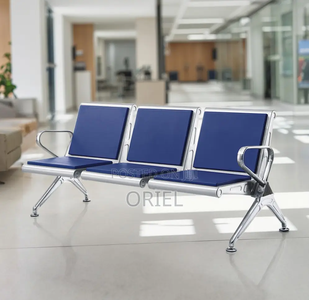 Office Bench : Blue Leather Padded 3-Seater Waiting Bench