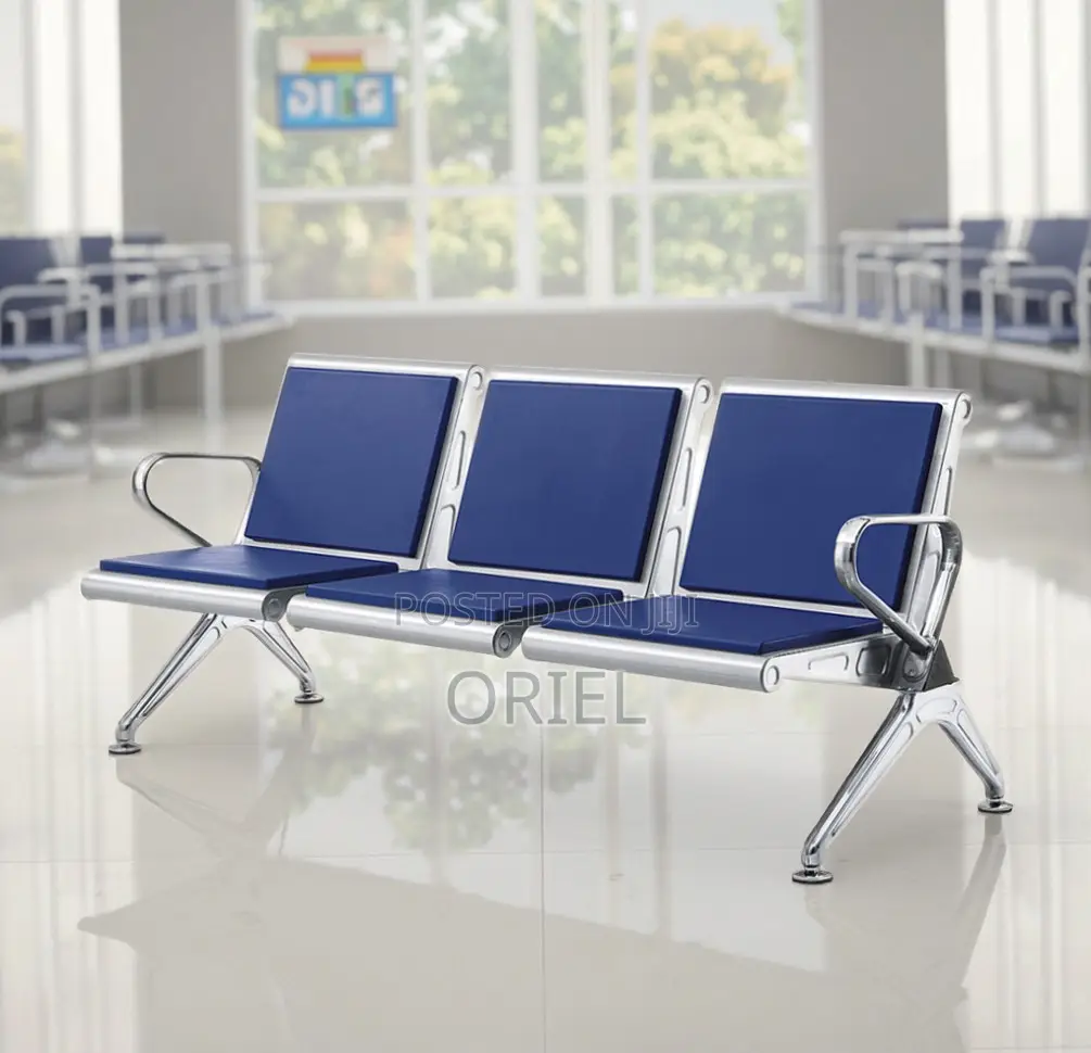 Office Bench : Blue Leather Padded 3-Seater Waiting Bench
