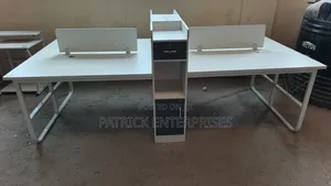 This Modern 4-Way Office Workstation Features a White and Dark Grey