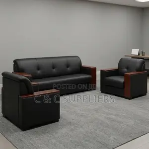 5-Seater Leather Sofa With Wood Armrest.