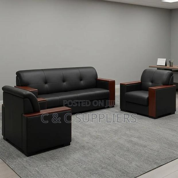 5-Seater Leather Sofa With Wood Armrest.
